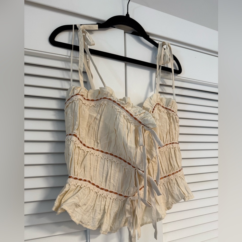 Cream Ruffled Women's Top with Ribbon Details - Picture 4 of 5